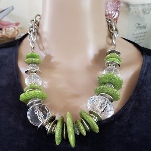 Chunky Statement Necklace Silver Green Clear